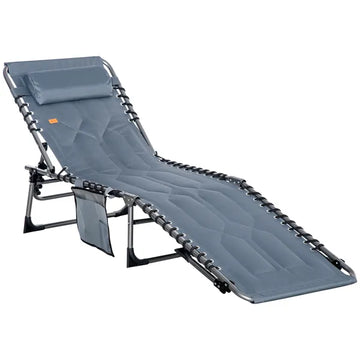 Outsunny Folding Chaise Lounge Chair, Padded Reclining Chair with 5-position Backrest, Pillow and Pocket for Deck, Beach, Lawn and Sunbathing, Grey - product image 1