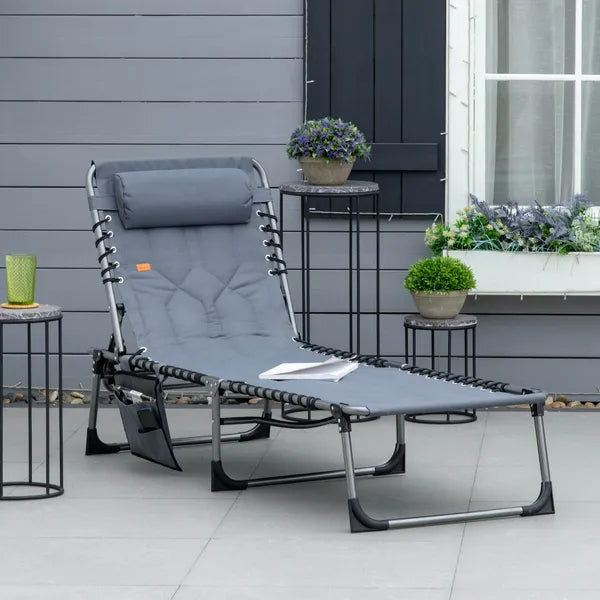 Outsunny Folding Chaise Lounge Chair, Padded Reclining Chair with 5-position Backrest, Pillow and Pocket for Deck, Beach, Lawn and Sunbathing, Grey - product image 10