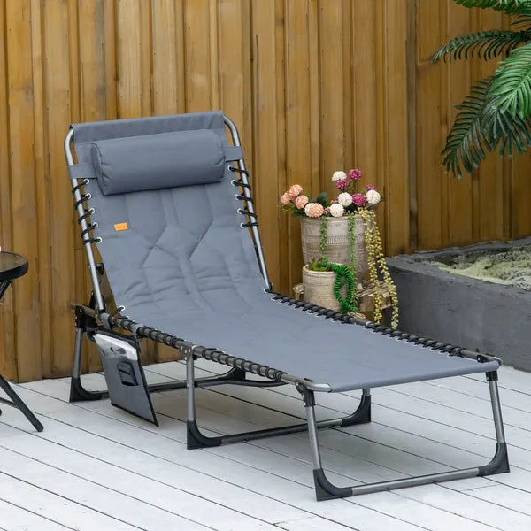 Outsunny Folding Chaise Lounge Chair, Padded Reclining Chair with 5-position Backrest, Pillow and Pocket for Deck, Beach, Lawn and Sunbathing, Grey - product image 2
