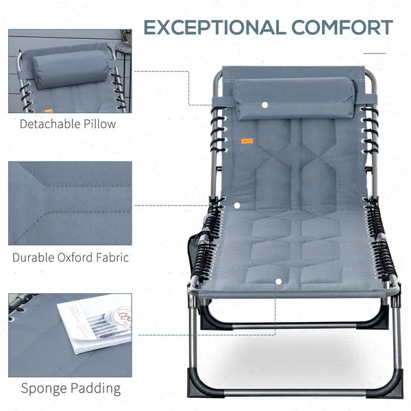 Outsunny Folding Chaise Lounge Chair, Padded Reclining Chair with 5-position Backrest, Pillow and Pocket for Deck, Beach, Lawn and Sunbathing, Grey - product image 5