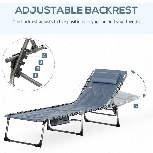 Outsunny Folding Chaise Lounge Chair, Padded Reclining Chair with 5-position Backrest, Pillow and Pocket for Deck, Beach, Lawn and Sunbathing, Grey - product image 4