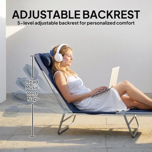 Folding Chaise Lounge Chair, Pool Sun Tanning Chair, Outdoor Lounge Chair with Reclining Back, Breathable Mesh Seat, Headrest for Beach, Yard, Patio, Dark Blue - product image 4