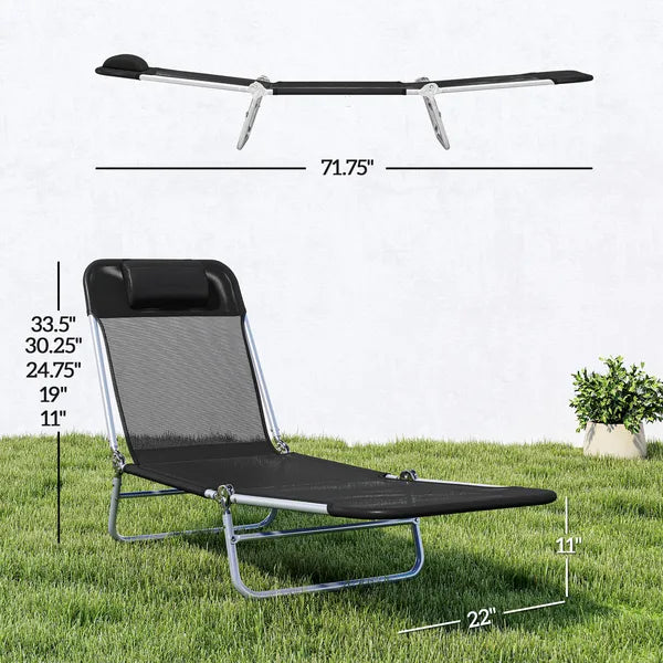 Outsunny Folding Chaise Lounge Chair, Portable Tanning Chair with Adjustable Backrest, Pillow for Beach Poolside Patio, Black - product image 3