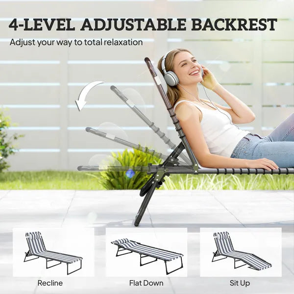 Folding Chaise Lounge Pool Chair with 4-Position Reclining Back, Pillow, Breathable Mesh and Bungee Seat, Blue and White - product image 4