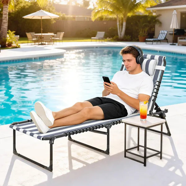 Folding Chaise Lounge Pool Chair with 4-Position Reclining Back, Pillow, Breathable Mesh and Bungee Seat, Blue and White - product image 10