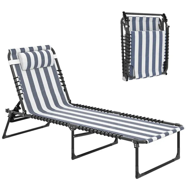 Folding Chaise Lounge Pool Chair with 4-Position Reclining Back, Pillow, Breathable Mesh and Bungee Seat, Blue and White - product image 11