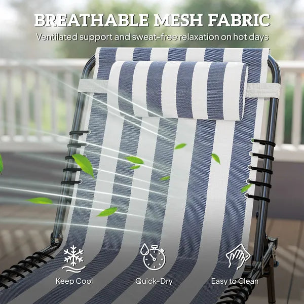 Folding Chaise Lounge Pool Chair with 4-Position Reclining Back, Pillow, Breathable Mesh and Bungee Seat, Blue and White - product image 5