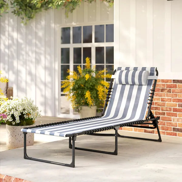 Folding Chaise Lounge Pool Chair with 4-Position Reclining Back, Pillow, Breathable Mesh and Bungee Seat, Blue and White - product image 8