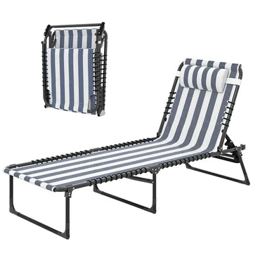 Folding Chaise Lounge Pool Chair with 4-Position Reclining Back, Pillow, Breathable Mesh and Bungee Seat, Blue and White - product image 1