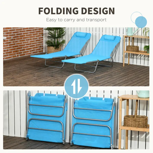 Outsunny Folding Chaise Lounge Pool Chairs, Set of 2 Outdoor Sun Tanning Chairs with Pillow, Reclining Back and Breathable Mesh for Beach, Patio, Blue - product image 5