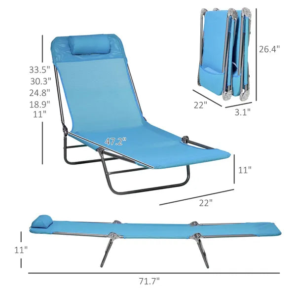 Outsunny Folding Chaise Lounge Pool Chairs, Set of 2 Outdoor Sun Tanning Chairs with Pillow, Reclining Back and Breathable Mesh for Beach, Patio, Blue - product image 3