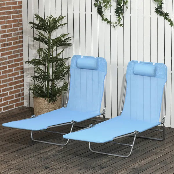 Outsunny Folding Chaise Lounge Pool Chairs, Set of 2 Outdoor Sun Tanning Chairs with Pillow, Reclining Back and Breathable Mesh for Beach, Patio, Blue - product image 2