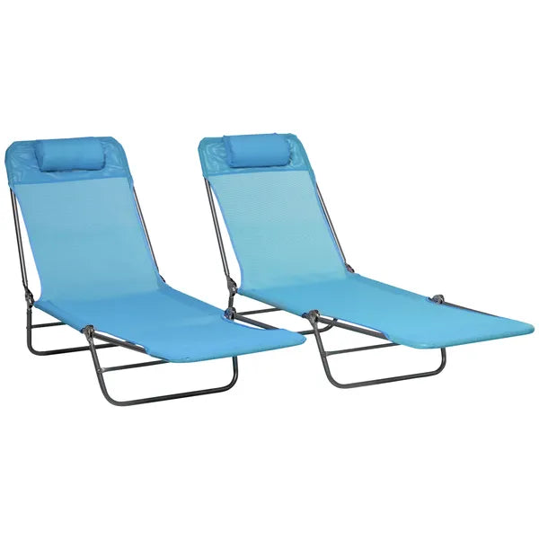 Outsunny Folding Chaise Lounge Pool Chairs, Set of 2 Outdoor Sun Tanning Chairs with Pillow, Reclining Back and Breathable Mesh for Beach, Patio, Blue - product image 1