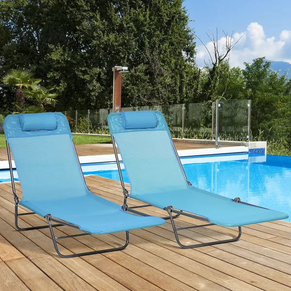 Outsunny Folding Chaise Lounge Pool Chairs, Set of 2 Outdoor Sun Tanning Chairs with Pillow, Reclining Back and Breathable Mesh for Beach, Patio, Blue - product image 10