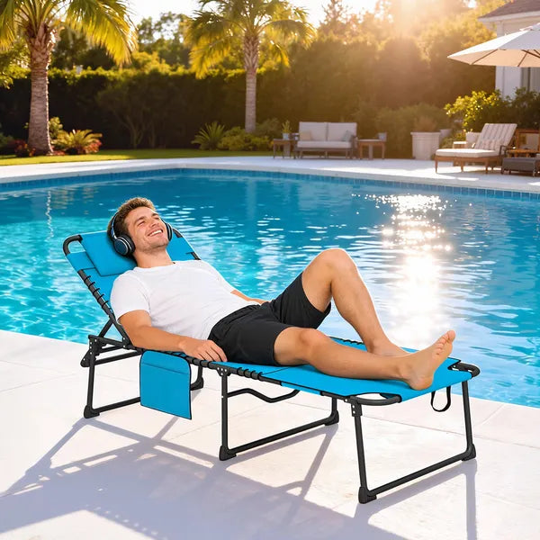 Folding Chaise Tanning Lounge Chair with 5-level Reclining Back, Reading Hole, Side Pocket, Headrest, Blue - product image 10