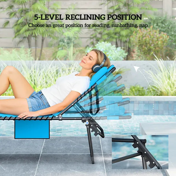 Folding Chaise Tanning Lounge Chair with 5-level Reclining Back, Reading Hole, Side Pocket, Headrest, Blue - product image 6