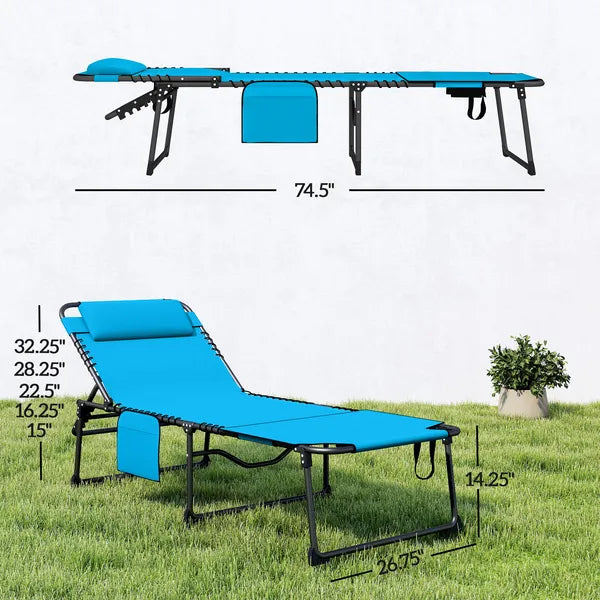 Folding Chaise Tanning Lounge Chair with 5-level Reclining Back, Reading Hole, Side Pocket, Headrest, Blue - product image 3
