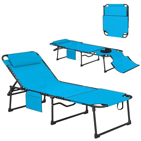 Folding Chaise Tanning Lounge Chair with 5-level Reclining Back, Reading Hole, Side Pocket, Headrest, Blue - product image 11