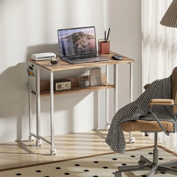 Folding Computer Desk, Foldable Desk with Storage Bag, Shelf and Wheels for Small Spaces, Home Office, Natural Wood - product image 7