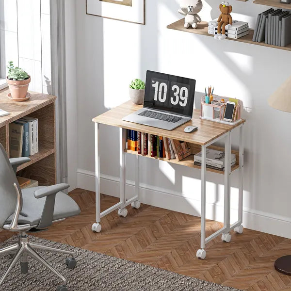 Folding Computer Desk, Foldable Desk with Storage Bag, Shelf and Wheels for Small Spaces, Home Office, Natural Wood - product image 10