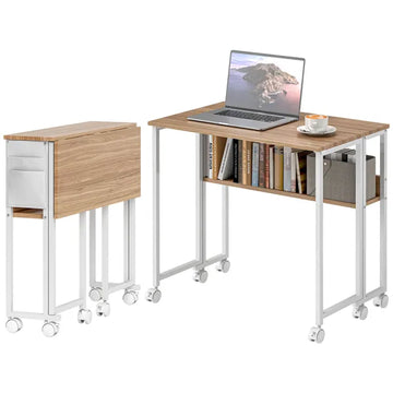 Folding Computer Desk, Foldable Desk with Storage Bag, Shelf and Wheels for Small Spaces, Home Office, Natural Wood - product image 1