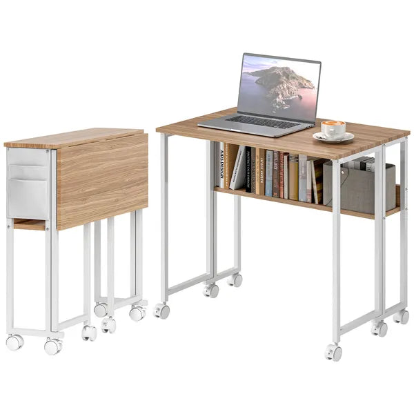 Folding Computer Desk, Foldable Desk with Storage Bag, Shelf and Wheels for Small Spaces, Home Office, Natural Wood - product image 1
