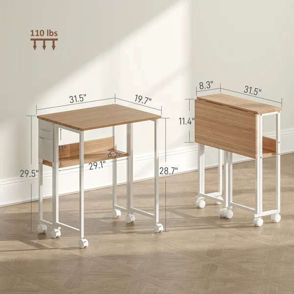 Folding Computer Desk, Foldable Desk with Storage Bag, Shelf and Wheels for Small Spaces, Home Office, Natural Wood - product image 3