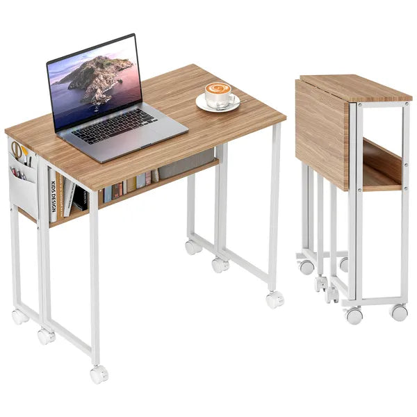 Folding Computer Desk, Foldable Desk with Storage Bag, Shelf and Wheels for Small Spaces, Home Office, Natural Wood - product image 11