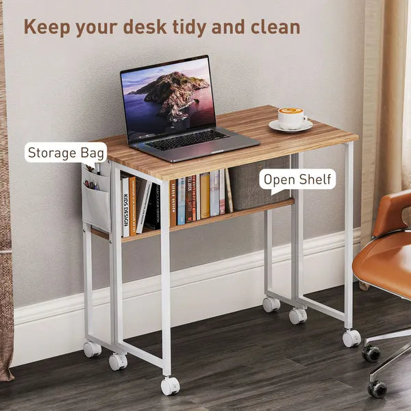 Folding Computer Desk, Foldable Desk with Storage Bag, Shelf and Wheels for Small Spaces, Home Office, Natural Wood - product image 5