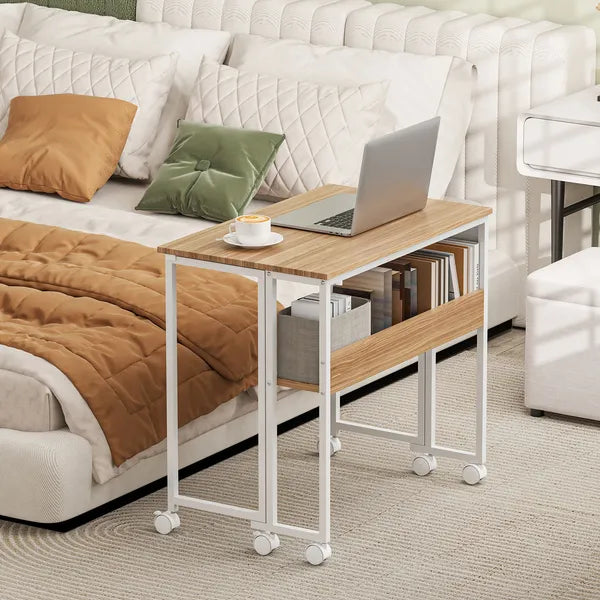 Folding Computer Desk, Foldable Desk with Storage Bag, Shelf and Wheels for Small Spaces, Home Office, Natural Wood - product image 8