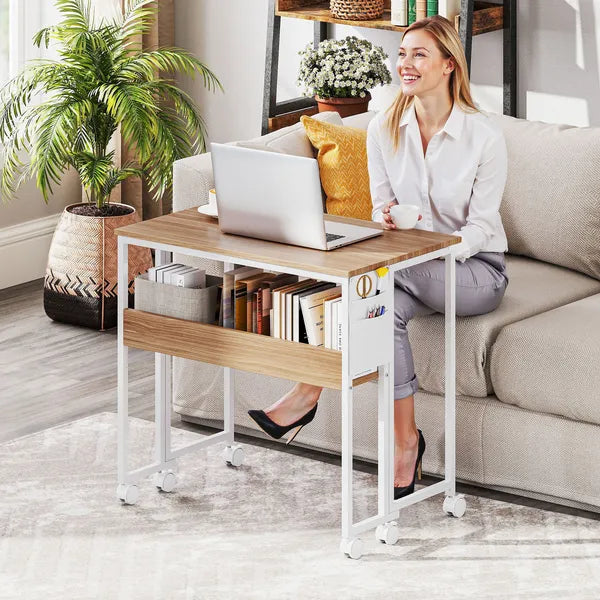 Folding Computer Desk, Foldable Desk with Storage Bag, Shelf and Wheels for Small Spaces, Home Office, Natural Wood - product image 9