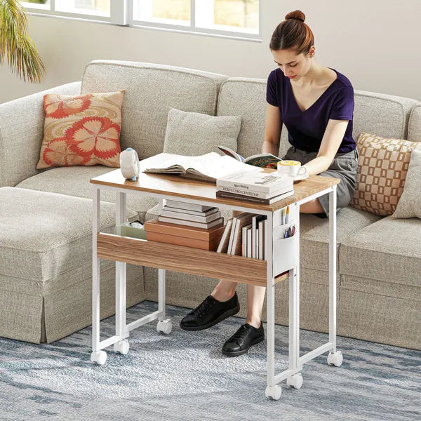 Folding Computer Desk, Foldable Desk with Storage Bag, Shelf and Wheels for Small Spaces, Home Office, Natural Wood - product image 2