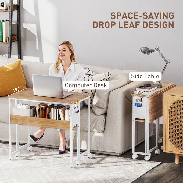 Folding Computer Desk, Foldable Desk with Storage Bag, Shelf and Wheels for Small Spaces, Home Office, Natural Wood - product image 4