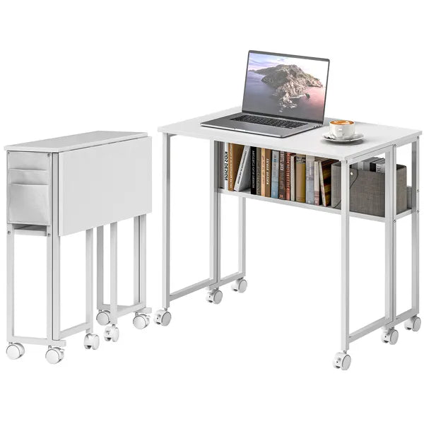 HOMCOM Folding Computer Desk, Foldable Desk with Storage Bag, Shelf and Wheels for Small Spaces, Home Office, White - product image 1