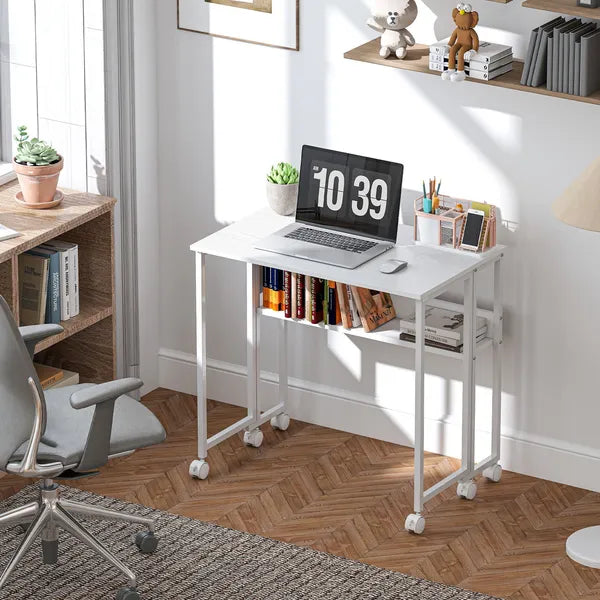 HOMCOM Folding Computer Desk, Foldable Desk with Storage Bag, Shelf and Wheels for Small Spaces, Home Office, White - product image 10