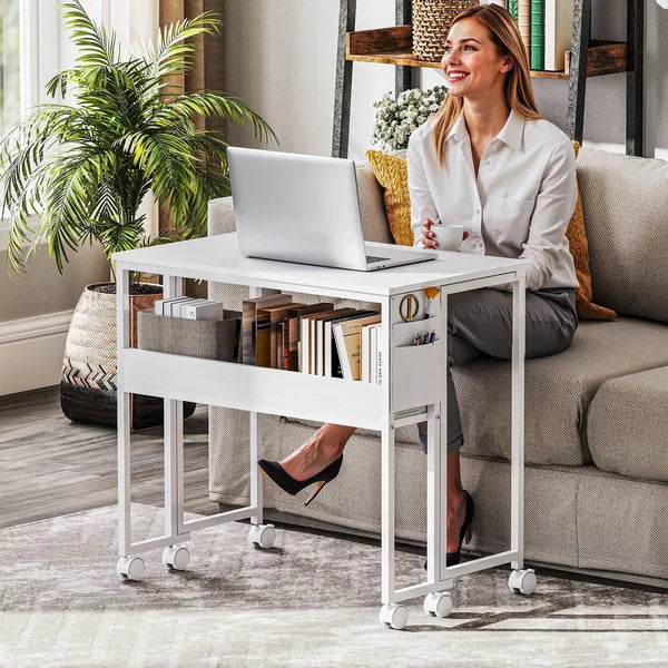 HOMCOM Folding Computer Desk, Foldable Desk with Storage Bag, Shelf and Wheels for Small Spaces, Home Office, White - product image 9
