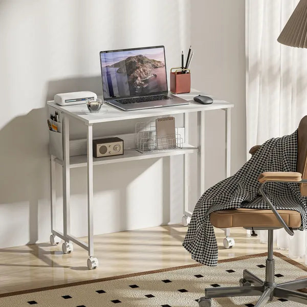 HOMCOM Folding Computer Desk, Foldable Desk with Storage Bag, Shelf and Wheels for Small Spaces, Home Office, White - product image 7