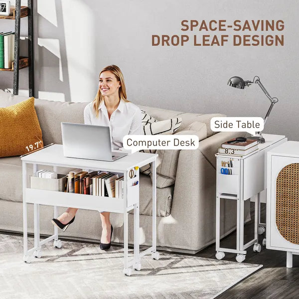 HOMCOM Folding Computer Desk, Foldable Desk with Storage Bag, Shelf and Wheels for Small Spaces, Home Office, White - product image 4