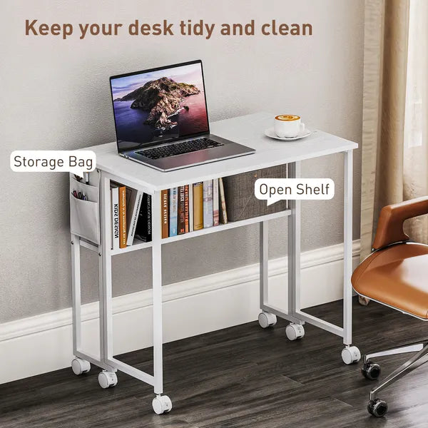 HOMCOM Folding Computer Desk, Foldable Desk with Storage Bag, Shelf and Wheels for Small Spaces, Home Office, White - product image 5