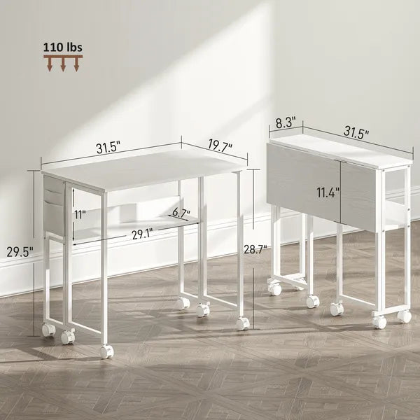 HOMCOM Folding Computer Desk, Foldable Desk with Storage Bag, Shelf and Wheels for Small Spaces, Home Office, White - product image 3