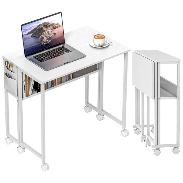 HOMCOM Folding Computer Desk, Foldable Desk with Storage Bag, Shelf and Wheels for Small Spaces, Home Office, White - product image 11
