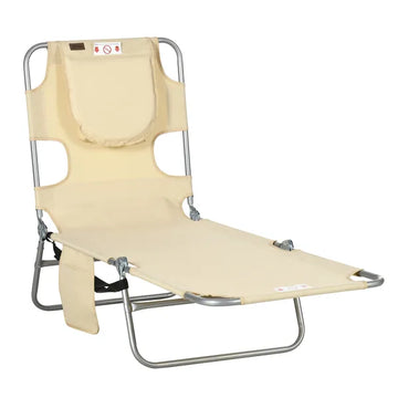 Outsunny Folding Outdoor Chaise Lounge Sun Tanning Chair with Face Cavity, Pillow, 5-level Adjustable for Beach, Pool, Beige - product image 1