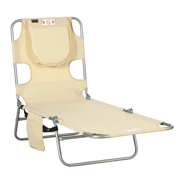 Outsunny Folding Outdoor Chaise Lounge Sun Tanning Chair with Face Cavity, Pillow, 5-level Adjustable for Beach, Pool, Beige - product image 1