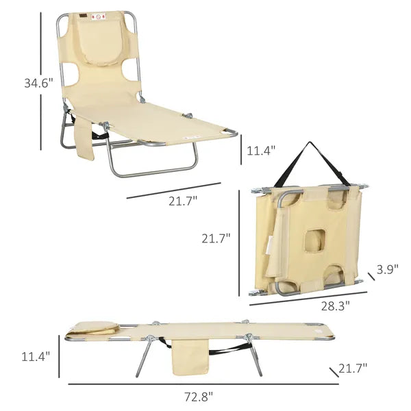 Outsunny Folding Outdoor Chaise Lounge Sun Tanning Chair with Face Cavity, Pillow, 5-level Adjustable for Beach, Pool, Beige - product image 3