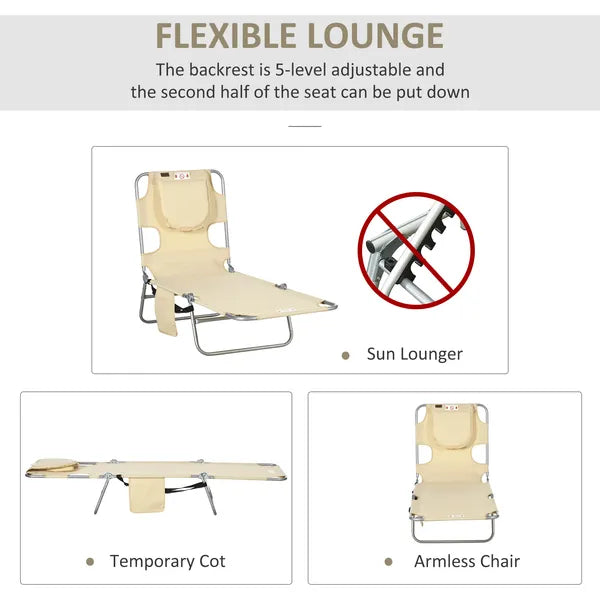 Outsunny Folding Outdoor Chaise Lounge Sun Tanning Chair with Face Cavity, Pillow, 5-level Adjustable for Beach, Pool, Beige - product image 4