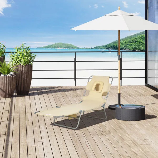 Outsunny Folding Outdoor Chaise Lounge Sun Tanning Chair with Face Cavity, Pillow, 5-level Adjustable for Beach, Pool, Beige - product image 2