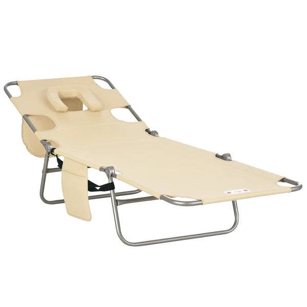 Outsunny Folding Outdoor Chaise Lounge Sun Tanning Chair with Face Cavity, Pillow, 5-level Adjustable for Beach, Pool, Beige - product image 11
