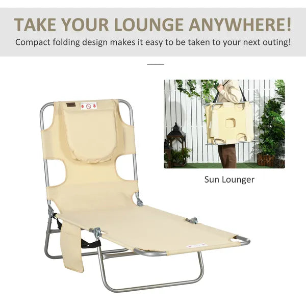 Outsunny Folding Outdoor Chaise Lounge Sun Tanning Chair with Face Cavity, Pillow, 5-level Adjustable for Beach, Pool, Beige - product image 7