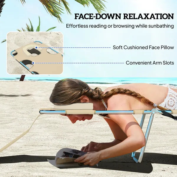 Outsunny Folding Outdoor Chaise Lounge Sun Tanning Chair with Face Cavity, Pillow, 5-level Adjustable for Beach, Pool, Beige - product image 5