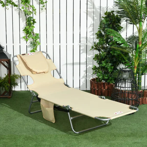 Outsunny Folding Outdoor Chaise Lounge Sun Tanning Chair with Face Cavity, Pillow, 5-level Adjustable for Beach, Pool, Beige - product image 10